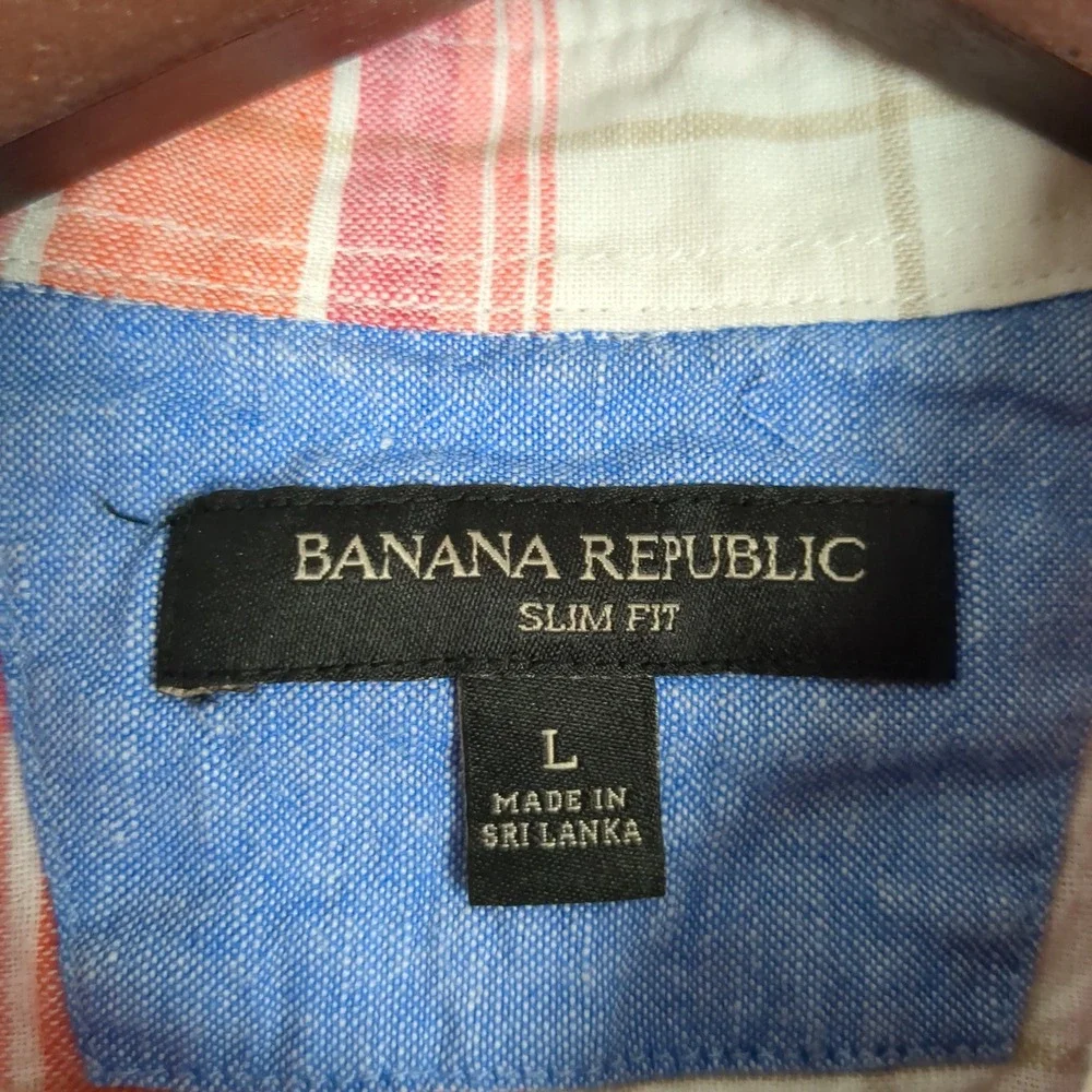 Banana Republic Slim Fit Plaid Button Down Shirt Mens Large Orange White Linen